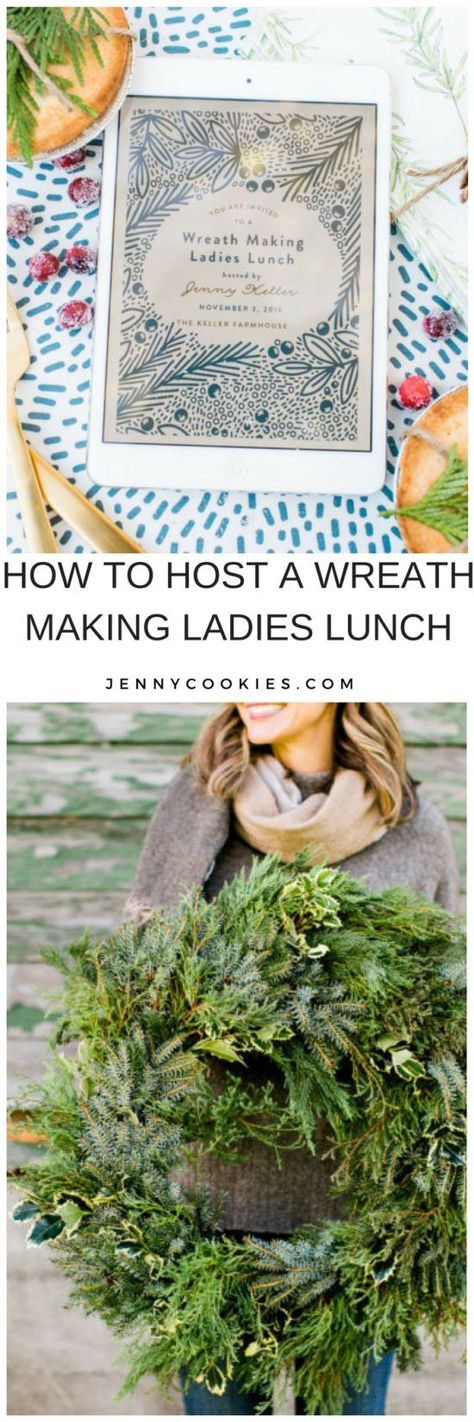 How to Host a Wreath Making Ladies Lunch | wreath making party | diy wreath party | holiday party ideas | Christmas party ideas | ladies lunch parties | holiday get together ideas | how to host a holiday party || JennyCookies.com #holidayparty #wreathmaking #ladieslunch #partyideas Holiday Party Ideas Christmas, Get Together Ideas, Wreath Making Party, Scandinavian Holiday Decor, Party Ideas Christmas, Wreath Party, Holiday Party Ideas, Dinner Party Games, Jenny Cookies