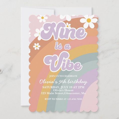 Five Is A Vibe, Hippie Birthday Party, 10th Birthday Invitation, 5th Birthday Girls, Eleventh Birthday, Hippie Birthday, Rainbow Birthday Invitations, 5th Birthday Party Ideas, Retro Daisy