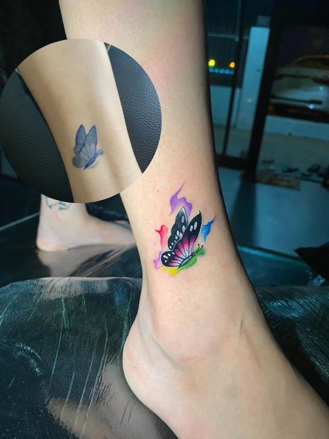 Mini Colour Tattoo, Poked Tattoo, Butterfly Tattoo Cover Up, Watercolor Tattoo Ideas, 50 Tattoo, Tattoo 2024, Cuff Tattoo, Script Tattoo, Pretty Hand Tattoos