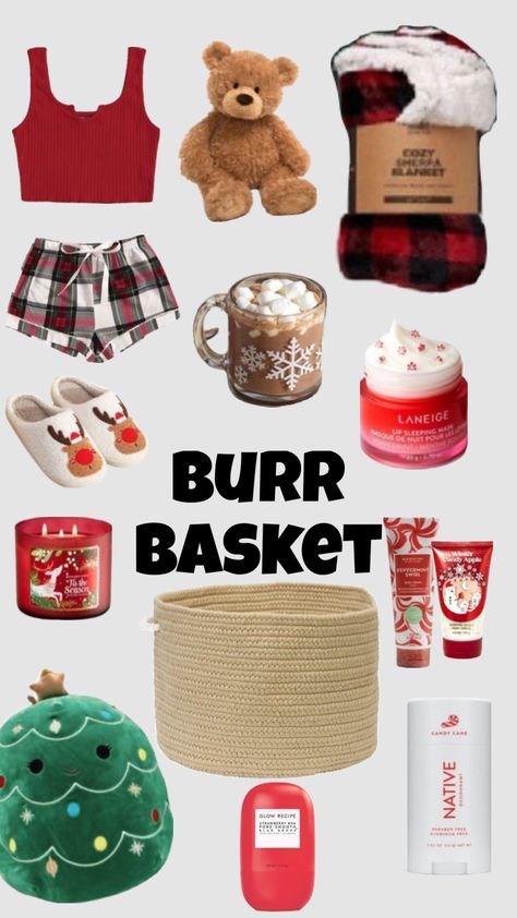 Brr Basket Ideas Christmas, Christmas Sweet Ideas Gifts, Winter Basket Ideas Friends, Small Gift Christmas Ideas, Cute Things For Christmas Gifts, Mini Christmas Gift Baskets, Cute Christmas Basket Ideas, Gift Baskets Christmas Ideas, Burr Basket For Friends