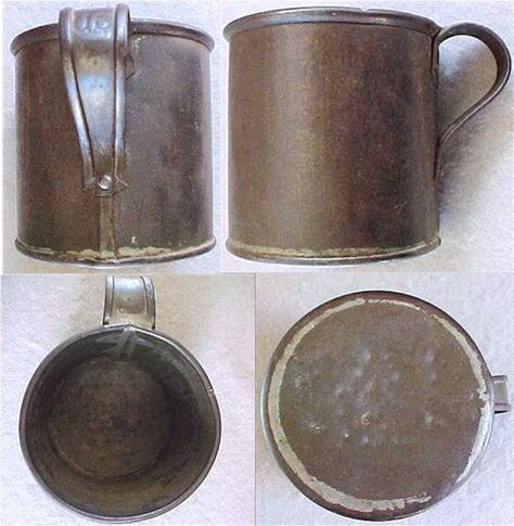 1874 pattern tin cup,US stamp on handle Tin Cup, Tin Cups Mug, Tin Tea Packaging, Metal Camp Mugs, Candle In Vintage Tin, Vintage Tin Packaging, Copper Cookware, Copper Kettle, Diy Candles