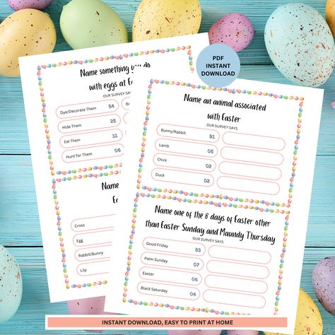 Looking for an Easter game that everyone can play, which will guarantee entertainment, and have everyone laughing? Then you need this Easter Family Feud Game! ▪️This fun Family Feud game is perfect for those big or small gatherings. This is an instant download and can be printed from home. ▪️There are 14 game cards to keep the laughter going. Family Easter Games, Large Group Games, Easter Party Games, Family Feud Game, Maundy Thursday, Games Family, Easter Games, Family Easter, Palm Sunday