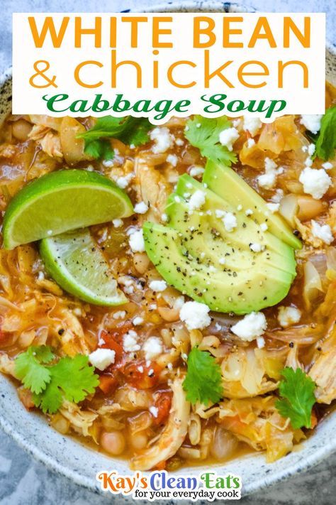 Cabbage Bean Soup, Beans Chicken Recipe, Chicken And White Beans Recipe, Cabbage Chicken Soup, Chicken And White Beans, Soup With White Beans, Soup Weather, Chicken And Cabbage, White Bean Soup