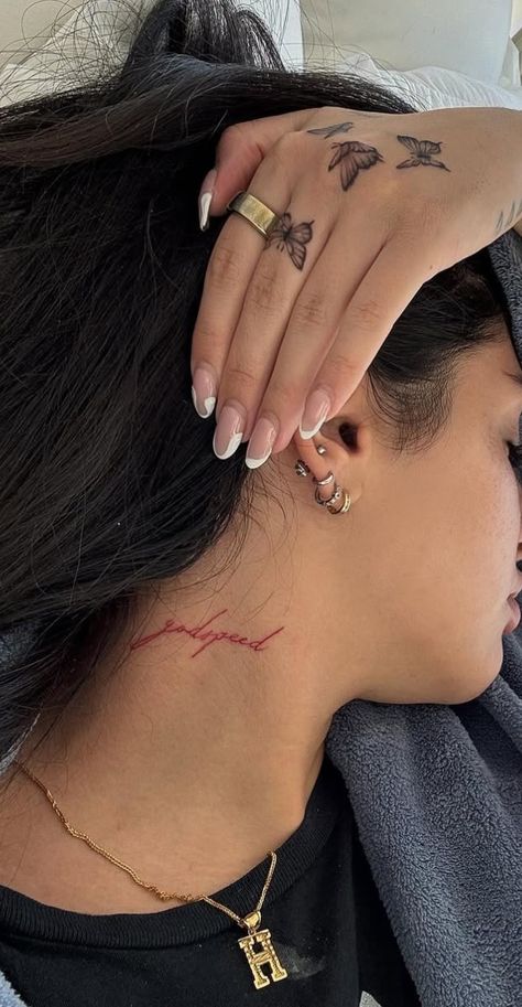 Script Behind Ear Tattoo, Neck Word Tattoo, Script Neck Tattoo, Cursive Neck Tattoo, Word Neck Tattoos, Authentic Tattoo, Neck Tattoos Women, Badass Tattoos, Dainty Tattoos