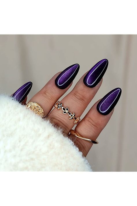 10 Pcs Handmade Press on Nails ( Medium, Purple Cat Eye /Purple Moon Stone on Black /Almond) A009M Short Almond Cat Eye Nails, Black Purple Cat Eye Nails, Ombre Cat Eye Nails, Black Cat Eye Nails, Purple Cat Eye Nails, Amethyst Nails, Black And Purple Nails, Grad Nails, Dark Purple Nails