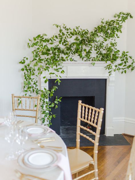 smilax mantle | mantle installation | mantle greenery Mantle Greenery Wedding, Fireplace Mantle Garland Wedding, Mantle Installation, Greenery On Mantle, Fireplace Mantle Florals Wedding, Mantle Greenery, Mantle Floral Installation, Fireplace Floral Installation Wedding, Diy Wedding Reception Decorations