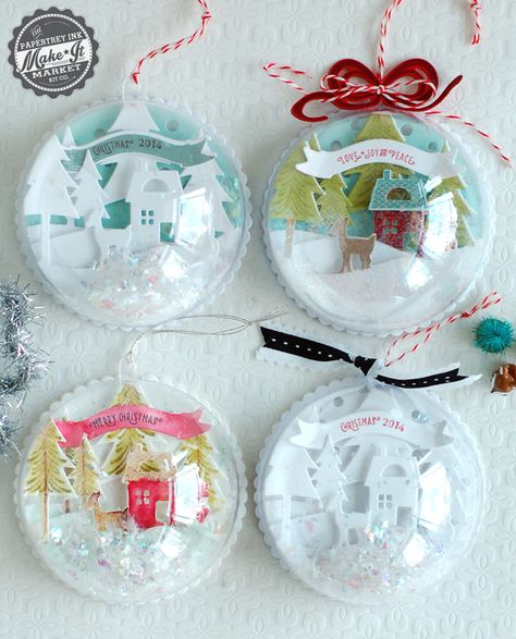 Handmade Shadowbox Style Ornaments - Made with Papertrey Ink "Tinsel & Tags" Dies and Stamps, Half ball clear ornaments and holographic mica flakes for faux snow. @papertreyink Decoracion Navidad Diy, Globe Ornament, Paper Scissors, Papertrey Ink, Snow Queen, Noel Christmas, Christmas Paper, Xmas Ornaments, Homemade Christmas