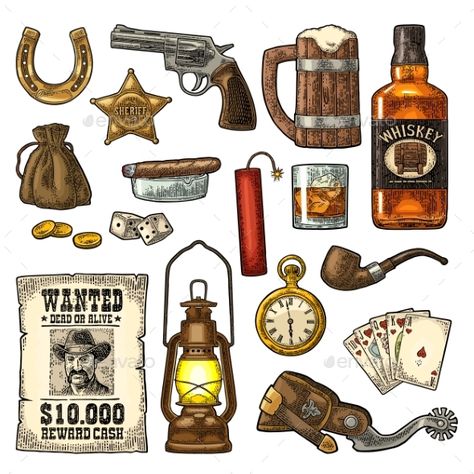 Set with Wild West and Casino Symbols Wild West Clip Art, Wild West House, Cowboy Symbols, Wild West Illustration, Wild West Tattoo, Western Symbols, Wild West Art, Sheriff Star, Western Games