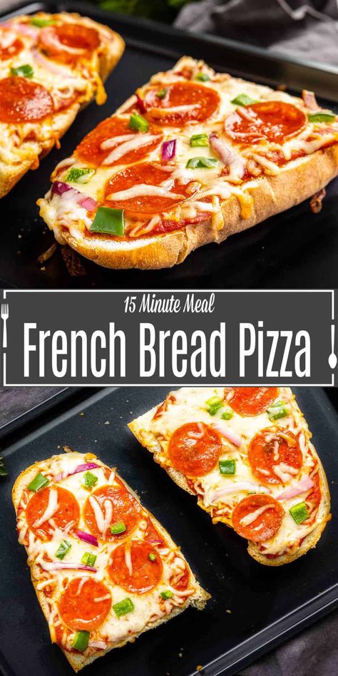 Make your french bread pizza with all of your favorite toppings and bake it in the oven for perfectly crispy, cheesy, pizza every time. This is an easy dinner recipe that the kids will love. Use a soft, crusty loaf of French bread and top it with your favorite sauce, two kinds of cheese, and your favorite toppings. It's a fun way to make homemade pizza for pizza night with the family. Oven Garlic Bread, French Bread Pizza Recipes, Pizza Dinner Recipes, Oven Garlic, Pizza Variety, Best Easy Dinner Recipes, Pizza Dinner, Cheesy Pizza, French Bread Pizza