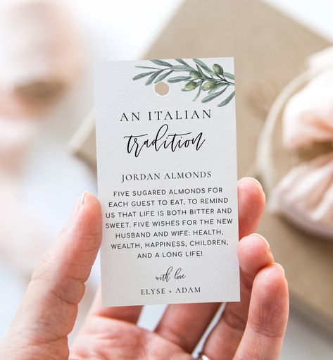 An Italian Tradition Favor Tag, Printable Jordan Almonds Tag, Olive Leaves Sugared Almonds Wedding Favor Tag, Wedding Favor Tag, Olive Grove Sugared Almonds Wedding, Sugared Almonds Wedding Favours, Almond Wedding Favours, Sugared Almonds, Jordan Almonds, Olive Leaves, Favour Tags Template, Olive Grove, Italian Traditions