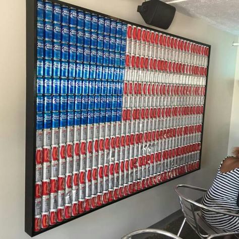 Beer Can Wall Art, Beer Room Ideas, Beer Can Projects, Beer Box Wall, Beer Can Decor, Beer Can Display Ideas, Beer Can Crafts Diy, Alcohol Decorations, Beer Cans Crafts Ideas