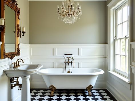 Transform your bathroom into a timeless retreat! This stunning design features classic white wainscoting, a luxurious clawfoot tub, and an ornate gold-framed mirror that elevates the space. Adorned with a sparkling crystal chandelier and chic black-and-white checkered tiles, it perfectly blends elegance and functionality. ✨🛁 Bathroom Clawfoot Tub, Bathroom With Clawfoot Tub, Clawfoot Tub Bathroom, Luxurious Penthouse, Gold Framed Mirror, White Wainscoting, Bathroom Transformation, Calming Spaces, Classic Bathroom