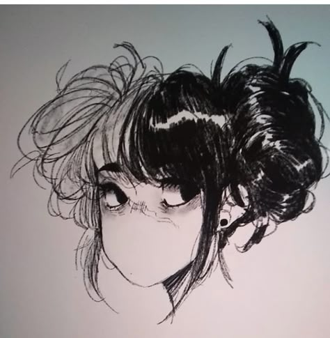 Long Fluffy Hair Drawing, Space Buns Drawing, Messy Hair Drawing, Fluffy Hair Drawing Reference, Fluffy Hair Drawing, Bangs Drawing, Sketch Base, Hair Drawing, Arte Sketchbook