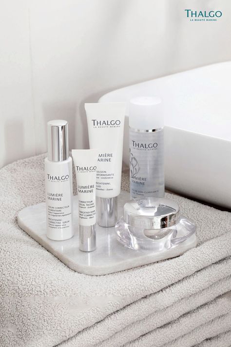 Thalgo's Lumiere Marine range Thalgo Facial, Thalgo Skincare, Lightening Dark Spots, French Cosmetics, Brown Algae, Natural Spa, Skincare Packaging, Dark Spot Corrector, Lighten Dark Spots