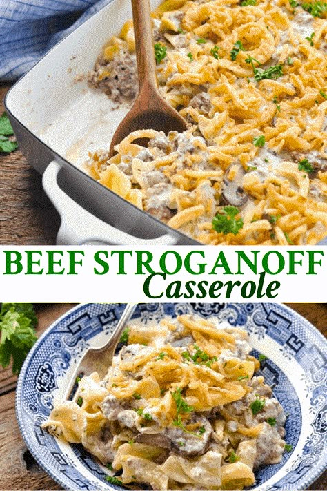 All of the flavors that you love from the traditional dish come together in this cozy and hearty Beef Stroganoff Casserole! A cream of mushroom and sour cream sauce made with ground beef and mushrooms is layered with buttered egg noodles and topped with crispy fried onions. Bake everything in one dish for an easy, satisfying dinner that the whole family can agree on! Ground Beef And Mushrooms, Stroganoff Casserole Recipe, Beef Stroganoff Casserole, Buttered Egg Noodles, Stroganoff Casserole, Beef And Mushrooms, Best Beef Stroganoff, Hamburger Stroganoff, Crispy Fried Onions