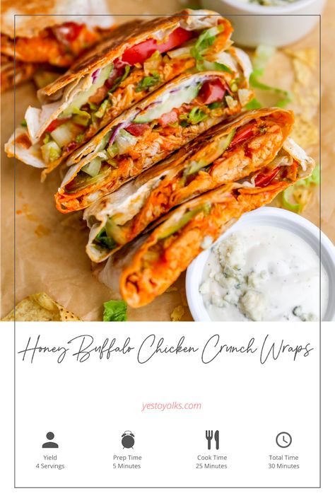 Chicken Crunch Wrap, Honey Buffalo Wings, Honey Buffalo Chicken, Weekly Dinner Ideas, Hot Sauce Chicken, Yummy Wraps, Crispy Chicken Wraps, Recipe Wall, Buffalo Chicken Wraps