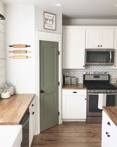 Countertop With White Cabinets, Annie Sloan Chateau Grey, Pantry Door Decor, Wood Island Countertop, Painted Pantry Doors, Pantry Door Ideas, Home Addition Plans, Kitchen Pantry Doors, Painted Interior Doors