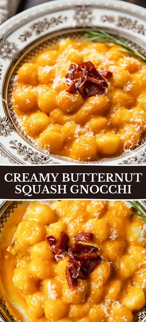 Creamy Butternut Squash Gnocchi, Potato Gnocchi Recipes, Butternut Squash Gnocchi, Vikalinka Recipes, Squash Gnocchi, Butternut Recipes, Butternut Squash Sauce, Pumpkin Gnocchi, Creamy Butternut Squash