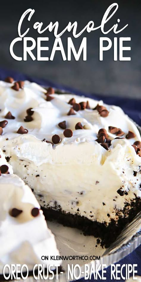 Easy Oreo Cannoli Cream Pie is a simple no-bake pie recipe that is perfect for all the holiday parties  family gatherings. It will top the favorites list! Cannoli Cheesecake Pie, Easy Cream Pie, Tissue Art, Crust Designs, Baking Recipes Pie, Oreo Pie, Cannoli Recipe, Cannoli Cream, Fluff Desserts