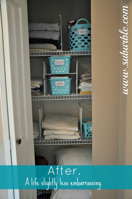 Love this simple, inexpensive linen closet re-do! Organized beautifully! Toddler Closet Organization, Linen Closet Shelves, Closet Shelf Dividers, Cheap Closet, Wire Closet Shelving, Linen Closet Storage, Master Closet Organization, Organizing Linens, Organized Closet