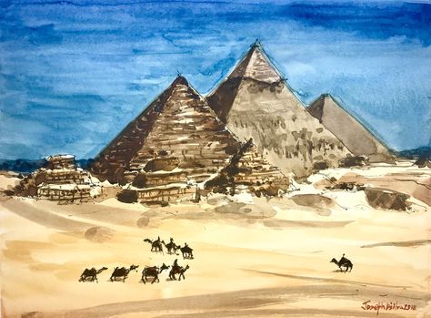 Pyramids of Giza, Egypt Watercolor Painting from my #etsy shop: Pyramids of Giza / Egyptian Watercolor Painting / Desert Painting Egyptian Watercolor, Pyramids Painting, Egypt Watercolor, Pyramid Painting, Egypt Painting, Roman Drawings, Egypt Pyramids, Giza Egypt, Middle Eastern Art