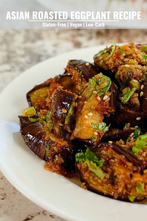 This asian roasted eggplant recipe is so easy and makes an amazing dish. In just a few steps you have a delicious dinner ready to serve with rice. Top the spicy, stir-fried slices with grilled tofu or eggs to your taste. This easy and healthy oven roasted eggplant is made with a simple dressing that includes vinegar, sesame oil, soy sauce and wasabi (or ginger). #Asianeggplantrecipe #roastedeggplant #spicyeggplant Chinese Style Eggplant Recipe, Spicy Eggplant Stir Fry, Asian Style Eggplant Recipes, Persian Eggplant Recipes, Sauteed Eggplant Recipes, Thai Eggplant Recipes, Eggplant Recipes Asian, Asian Eggplant Recipes, Eggplant Tofu Recipe