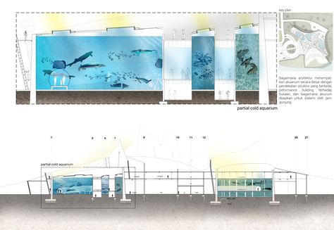 Section drawing diagram of Aquarium Aquarium Design Architecture, Villains Lair, Jakarta Aquarium, Architecture Thesis Topics, Plan Building, Aquarium Architecture, Public Aquarium, Custom Aquarium, Museum Plan