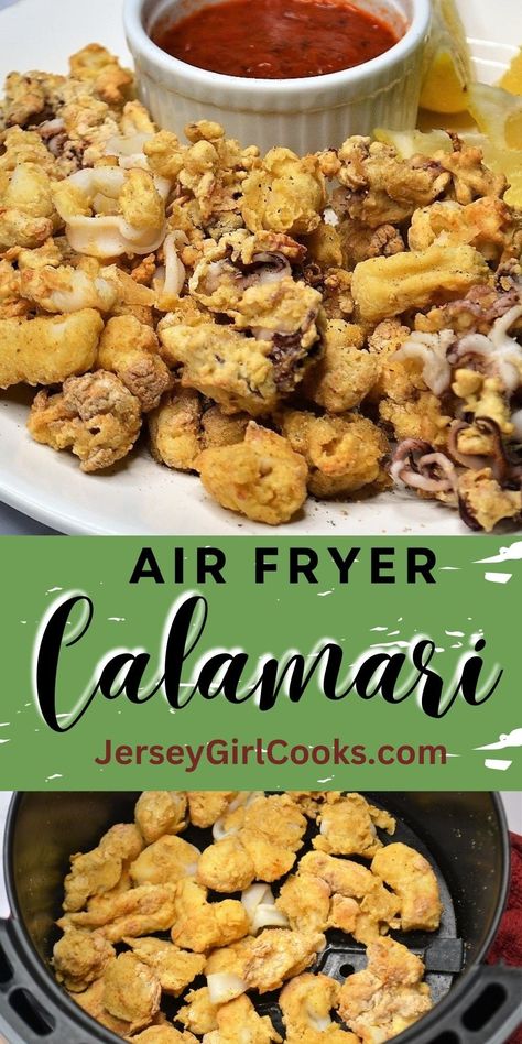 Air Fryer Calamari rings are so simple to make at home. Get tender, golden calamari with a crispy coating in just minutes - no deep frying required. The simple egg and seasoned flour mixture forms a flavorful crust without all the excess oil so you can enjoy the health benefits of calamari without the guilt. Serve as a appetizer for your favorite Italian food or as a main dish when you pair it with a few of your favorite sides. Click to get the fried calamari recipe. #airfryer #calamari