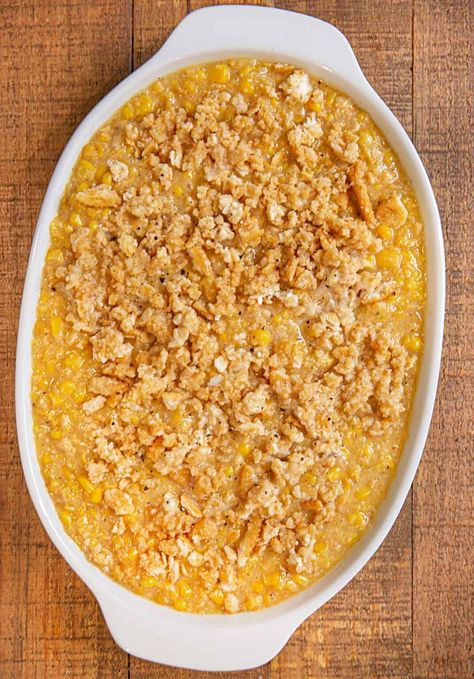 Easy Scalloped Corn Recipe (Creamy, Buttery & Crispy!)- Dinner, then Dessert Scallop Corn, Casserole With Ritz Crackers, Easy Corn Recipes, Scalloped Corn Casserole, Sweet Corn Casserole, Cheesy Corn Casserole, Homemade Cream Corn, Scalloped Corn, Corn Recipes Side Dishes