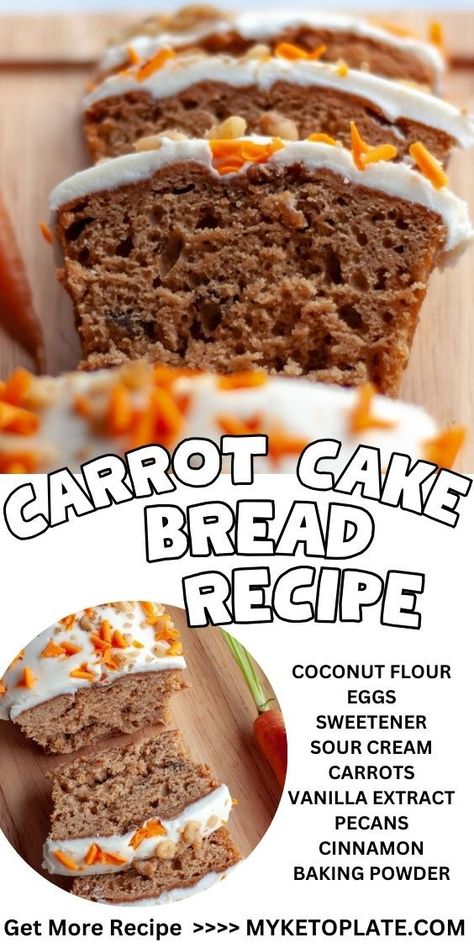 Learn how to make the ultimate keto carrot cake bread—moist, fluffy, and topped with a creamy cream cheese frosting. This sugar-free carrot cake bread, made with coconut flour, is a family favorite and perfect for any special occasion. With a delightful hint of cinnamon and nutmeg, and a generous layer of cream cheese frosting, this gluten-free carrot cake bread is sure to become your go-to dessert. Carrot Bread Recipe Moist, Carrot Cake Bread Recipe, Coconut Flour Carrot Cake, Carrot Cake Loaf Recipe, Keto Carrot Cake, Carrot Bread Recipe, Coconut Flour Cakes, Carrot Cake Bread, Sugar Free Carrot Cake