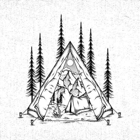 Trekking Sketch, Camp Tattoo Ideas, Dreamcore Art, Ink Tober, Tent Drawing, Camping Tattoo, Cute Finger Tattoos, Photo Album Covers, Halftone Design