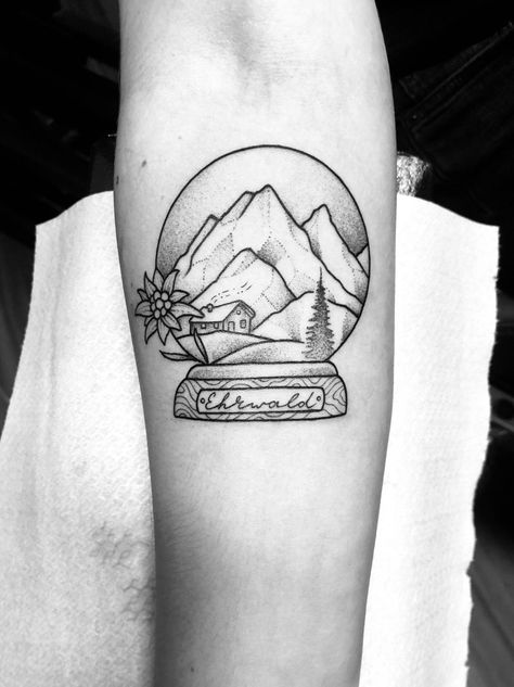 Austria Tattoo, Snow Globe Tattoo, Snowglobe Tattoo, Ryan Tattoo, Globe Tattoo, Scandinavian Tattoo, Globe Tattoos, Girls Tattoo, Landscape Tattoo