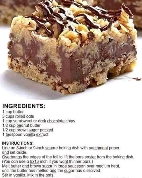 Chocolate Oat Bars, Chocolate Oatmeal Bars, Chocolate Oats, Chocolate Oatmeal, Oatmeal Bars, Oat Bars, No Bake Bars, Cookie Bar Recipes, Food Cakes