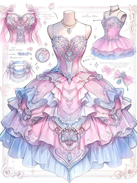 Pink Blue Dress, Pink And Blue Dress, Dreamy Gowns, Dress Design Drawing, Fantasy Dresses, Fashion Drawing Dresses, Dress Design Sketches, Fashion Illustration Dresses, Dress Sketches