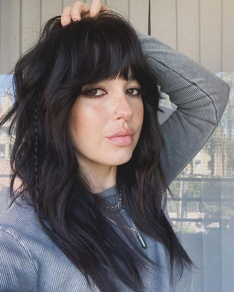 Soft Shag With Bangs, Black Hair Shag Haircut, Shaggy Black Hair, Goth Shag Hair, Goth Haircut Bangs, Gothic Shag Haircut, Haircuts For Women 2023, Bottleneck Bangs, Haircut Options