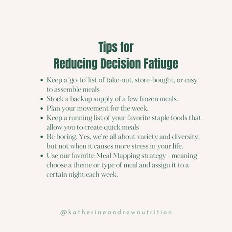 Decision fatigue is defined as "mental exhaustion resulting from the large number of decisions we make daily, leading to difficulty making decisions, or at least making good decisions." Sound familiar? Why do we, as dietitians, care about decision fatigue? Because whether you are deciding what to make for dinner, which to camp to send your kids to, or when you are actually going to have time to move your body, all decisions add up in the same way to your brain. Add to that questions like wh... Mental Exhaustion, What To Make For Dinner, Mental Load, Decision Fatigue, Making Decisions, Women Health, Blood Sugar Control, Hormone Health, Move Your Body