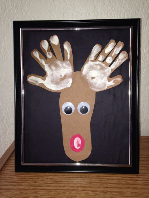 Rudolph the red nose rain deer. Hand print antlers, a foot tracing, and a thumb print. Perfect toddler Christmas craft. Handprint Moose, Toddler Christmas Craft, Moose Crafts, Rain Deer, Home Daycare Ideas, Preschool Winter, Thumb Print, Christmas Crafts For Toddlers, Thumb Prints