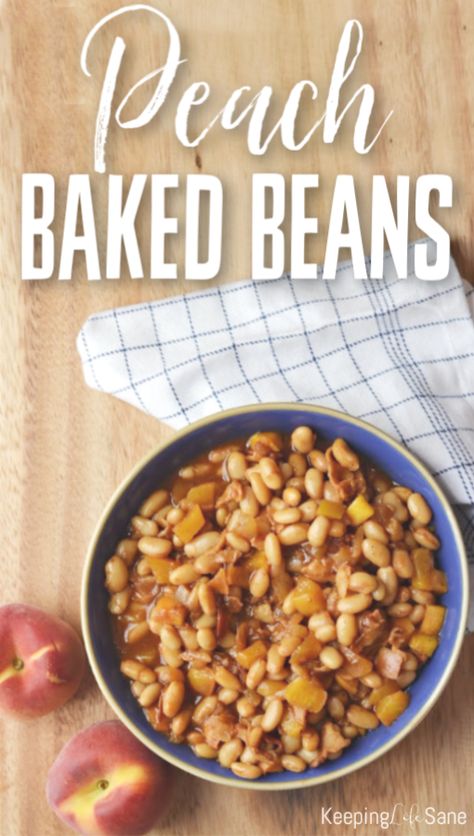 I'm always looking for a good side dish in the summer to take to potlucks. These peach baked beans are delicious and go great with ribs! #BakedBeans #Beans #PeachBakedBeans #BakedBeanRecipe #Cookout #CookoutFood #peaches #Recipe Recipe With Peaches, Bbq Baked Beans, Bbq Beans, Gluten Free Sides Dishes, Cookout Food, Peach Recipe, Best Side Dishes, Summer Bbq, Baked Beans