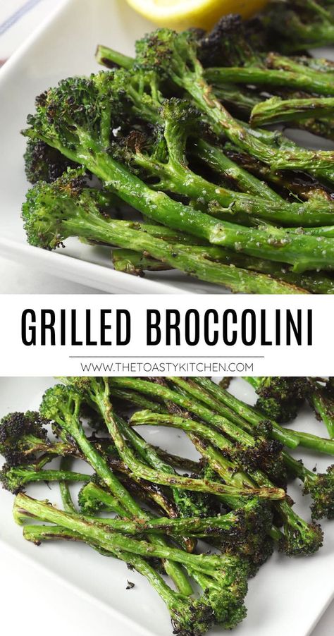 Grilled broccolini recipe by The Toasty Kitchen. Grilled broccolini is an easy and nutritious side dish to add to the menu this summer. Broccolini is lightly seasoned, grilled until caramelized and tender, and finished with a squeeze of fresh lemon juice. #grilledbroccolini #grilling #broccolini #broccoletti #sidedish #summersidedish #summerrecipe #grilled #recipe #summer Grilled Broccolini Recipe, Broccoletti Recipes, Broccolini Recipe Side Dishes, Brocollini Recipes, Brocolini Recipes, Summer Vegetable Recipes, Grilled Side, Broccolini Recipe, Grilled Broccolini