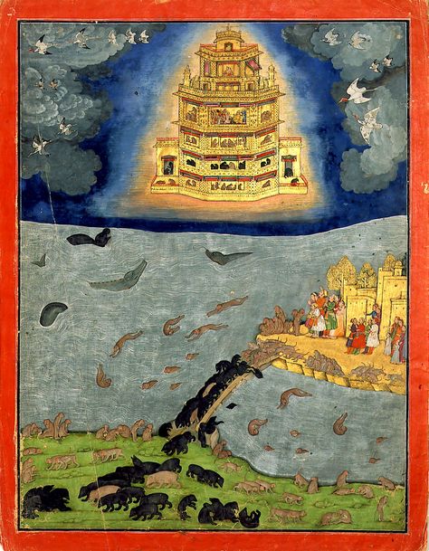 Ravana made his Lanka a city of gold. Still, the residents are grateful to be delivered from their demon king. Rama has placed the kingdom in the hands of Ravanas good younger brother. It is time to leave. The army of bears marches back across the bridge that they built to reach Lanka. The monkeys would rather play in the water. And Rama has found an appropriate vehicle: the pushpaka vimana. This fabulous flying chariot, big as a city, belonged to Kubera, the god of wealth. King Ravana, Ancient Astronaut, Alternative History, Krishna Hindu, Ancient Technology, Miniature Paintings, Aliens And Ufos, Ancient Origins, Ufo Sighting