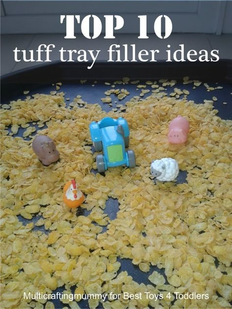 Top 10 Tuff Tray Filler Ideas, part of Less Toys. More Play series. Including ideas using cereal, shaving foam, water, dinosaurs and teddy bears. Trough Tray Ideas, Tuft Tray Ideas, Messy Play Tray Ideas, Water Dinosaurs, Feeling Tuff Tray, Tuff Tray Ideas Preschool, Mini Beast Tuff Tray, Mini Beasts Tuff Tray, Kids Crafts Toddlers