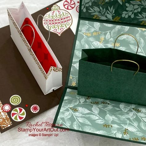 Gift Bag Pop-Up Cards - Stamp Your Art Out! Shopping Bag Card Ideas, Pop Up Gift Cards Diy, Pop Up Gift Bag Card, Handmade Money Cards, Gift Card Holders Stampin Up, Gift Card Holder Template, Gift Card Holder Diy, First Of The Month, Folding Cards