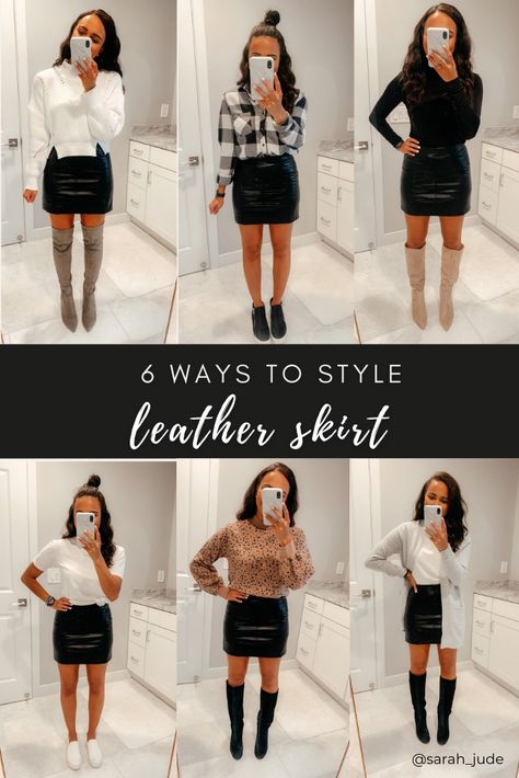 A faux leather skirt makes a great transition piece into fall! Sharing 6 easy ways to style your classic leather or black mini skirt this season. All product details are linked below ☺️ #styleblogger #styleshare #fallfashion Leather Skirt Shoes Outfit, Leather Skirt Nye Outfit, Winter Outfit Leather Skirt, High Waisted Leather Skirt Outfit, Leather Skirt And Bodysuit Outfit, Black Winter Skirt Outfit, Leather Look Skirt Outfit, Leather Mini Skirt Outfit Work, Black Leather Skirt Fall Outfit