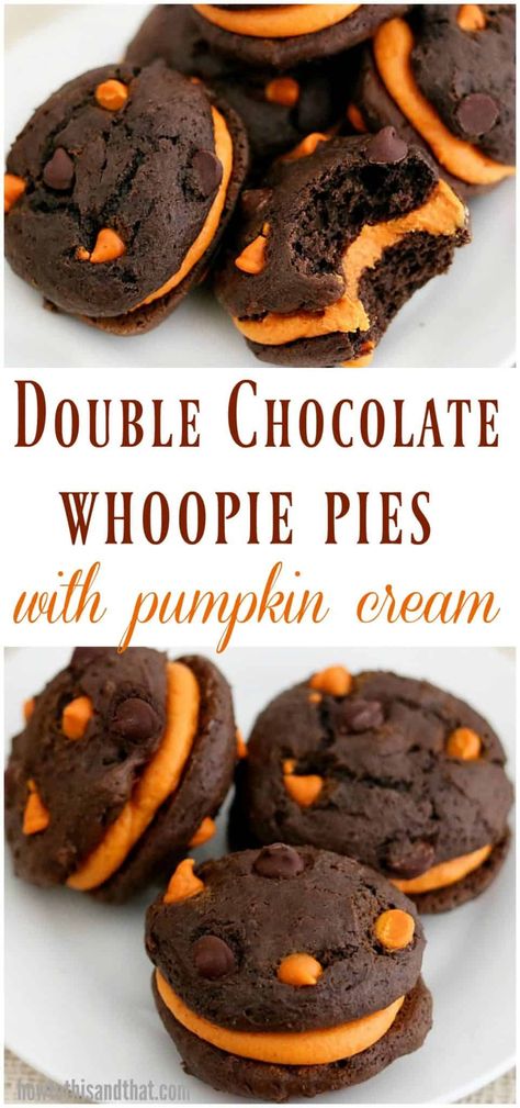 Double #Chocolate Whoopie Pies with #pumpkin Cream #holidaybaking #holidayrecipes #chocolatewhoopiepies #whoopiepies #fallrecipes #pumpkinspice #chocolatechip #baking #bakingrecipes Pumpkin Whoopie Pie, Emily Enchanted, Pumpkin Whoopie Pie Recipe, Pie Recipe Easy, Dessert Pumpkin, Pumpkin Chip, Easy Pumpkin Dessert, Whoopie Pie Recipe, Chocolate Whoopie Pies