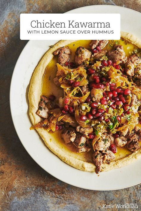 Chicken Kawarma with Lemon Sauce over Hummus is inspired by Ottolengi and Tamimi—the combination of flavors and textures is magical and addicting. Pomegranate Vinaigrette, Pomegranate Sauce, Appetizer Party, Lentil Tacos, Pomegranate Recipes, Radicchio Salad, Weekday Breakfast, Cauliflower Dishes, Pomegranate Salad