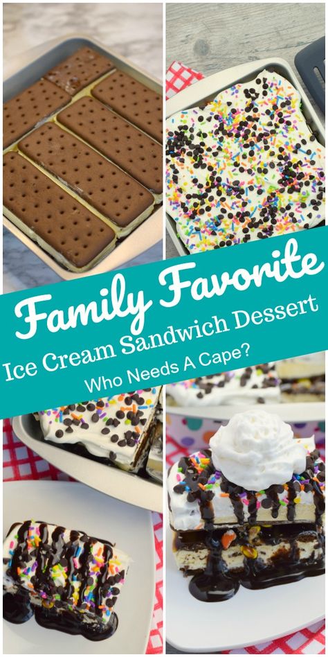 Dessert With Ice Cream Sandwiches, Ice Cream Casserole, I’ve Cream Sandwich Dessert, Summer Ice Cream Desserts, Icecream Sandwich Dessert, Ice Cream Desserts Ideas, Icecream Sandwich Cake, Ice Cream Dessert Ideas, Loaded Ice Cream