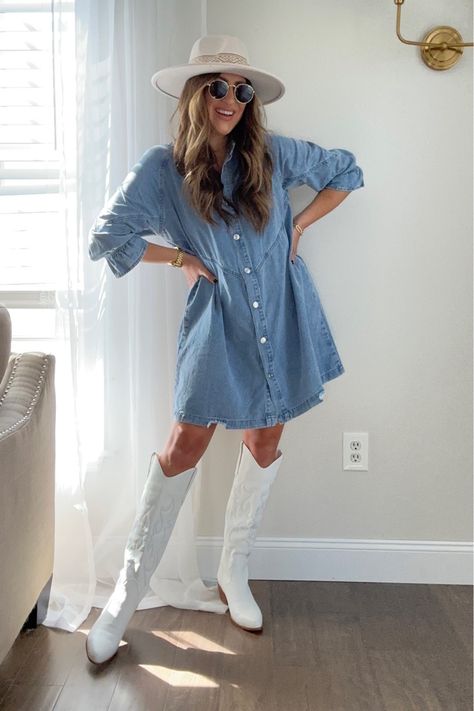 Sharing the cutest denim dress! Wearing with white western boots! TTS. Use code LAUREN10 for 10% off! Western outfit | Nashville outfit | Country concert | denim dress | coastal cowgirl outfit Follow my shop @laurenhornstyle on the @shop.LTK app to shop this post and get my exclusive app-only content! #liketkit #LTKtravel #LTKstyletip #LTKSeasonal @shop.ltk https://liketk.it/477UO #trending #countrymusic #outfitideas #denim Denim Dress White Boots, White Western Boots Outfit, Coastal Cowgirl Outfit, White Western Boots, Outfit Country Concert, Coastal Cowboy, Western Boots Outfit, Outfit Country, Fam Pics