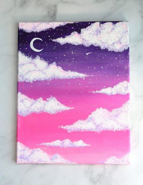 This cloud painting tutorial is incredibly easy to follow and you’ll learn how to create a quirky piece of art for your home.The clouds have been cleverly painted using Q-tips (earbuds) to achieve a fluffy texture. You could get a similar look by using a sponge or by dabbing the canvas with your paintbrush. Fun Canvas Painting Ideas, Cloud Painting Acrylic, How To Paint Clouds, Oil Pastel Drawings Easy, Kids Canvas Art, Sky Art Painting, Canvas Painting Ideas, Canvas Painting Tutorials, Soyut Sanat Tabloları