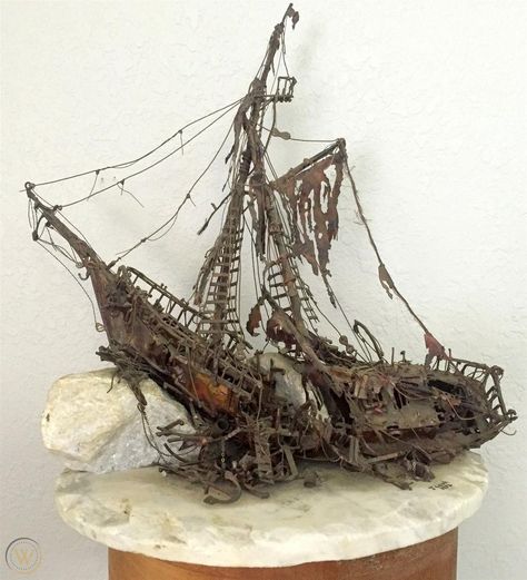 Signed J Lewk '72 Pirate Shipwreck Metal Brutalist Abstract Art Sculpture Statue | #1844880489 Shipwreck Drawing, Pirate Ship Wreck, Shipwreck Art, Pirate Shipwreck, Abstract Art Sculpture, Pirate Boats, Pirate Bay, Bateau Pirate, Underwater City