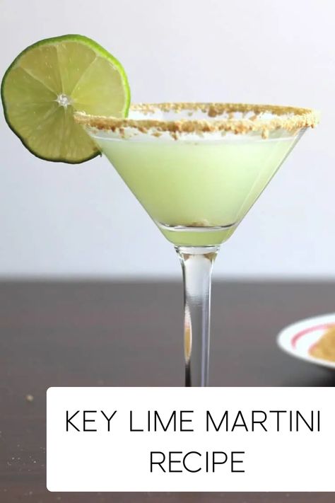 The Key Lime Martini drink recipe blends vanilla vodka with the flavors of key lime and coconut. It uses crushed graham crackers for the rim. Keylime Martini Vanilla Vodka, Key Lime Martini Recipe, Lime Vodka Drinks, Lime Martini Recipe, Key Lime Pie Shot, Lime Cocktail Recipes, Lime Martini, Key Lime Pie Martini, Key Lime Martini